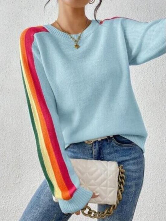 Women's Colorful Rainbow Striped Casual Crewneck Sweater Long-SleeveTops - Picture 5 of 6